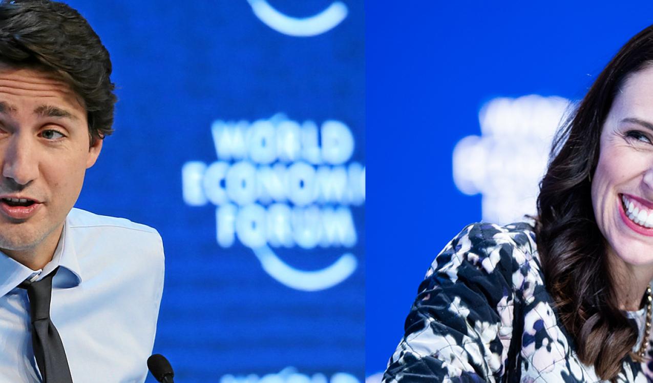 Leaders Justin Trudeau and Jacinda Ardern at the World Economic Forums in 2016 and 2020 respectively. © World Economic Forum/Remy Steinegger and World Economic Forum/Boris Baldinger