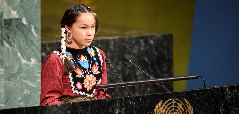Autumn Peltier, 13-year-old water advocate from the Anishinaabe tribe of Canada, addresses the event to launch the International Decade for Action titled “Water for Sustainable Development 2018–2028”. ©UN Photo/Manuel Elias