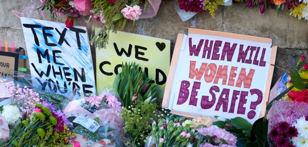 Flowers with messages about women’s safety left by people who attended a vigil for Sarah Everard in Clapham Common. March 2021, London. Credit: Vincenzo Lullo/Shutterstock.com