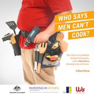 An example of a poster by Investing in Women promoting the role of fathers in domestic work.