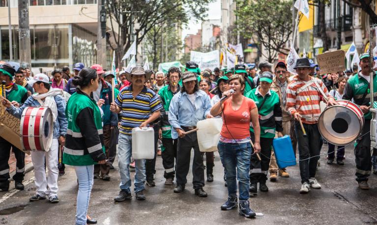 Nohra Padilla, leader of the Asociación de Recicladores de Bogotá (ARB) leads a contingent of waste pickers as they demonstrate against city policies and programmes affecting waste pickers. © Juan Arredondo/Getty Images/Images of Empowerment