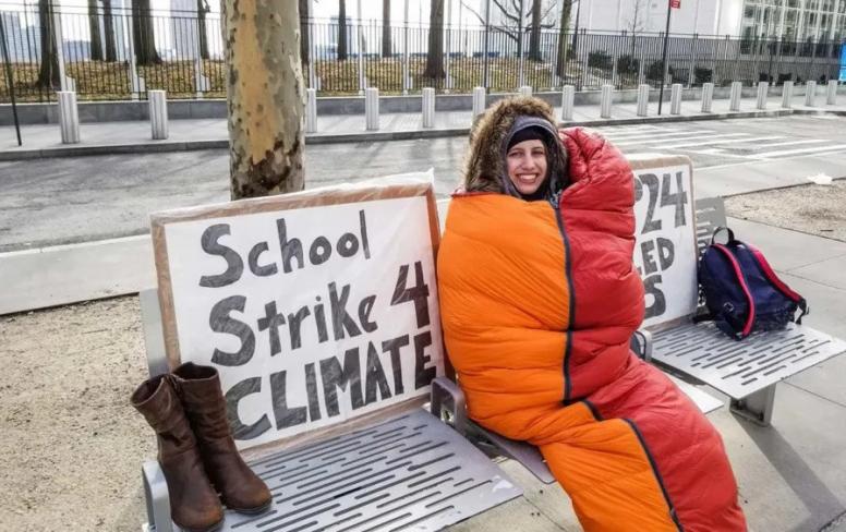 Alexandria Villaseñor protesting about climate change in New York.