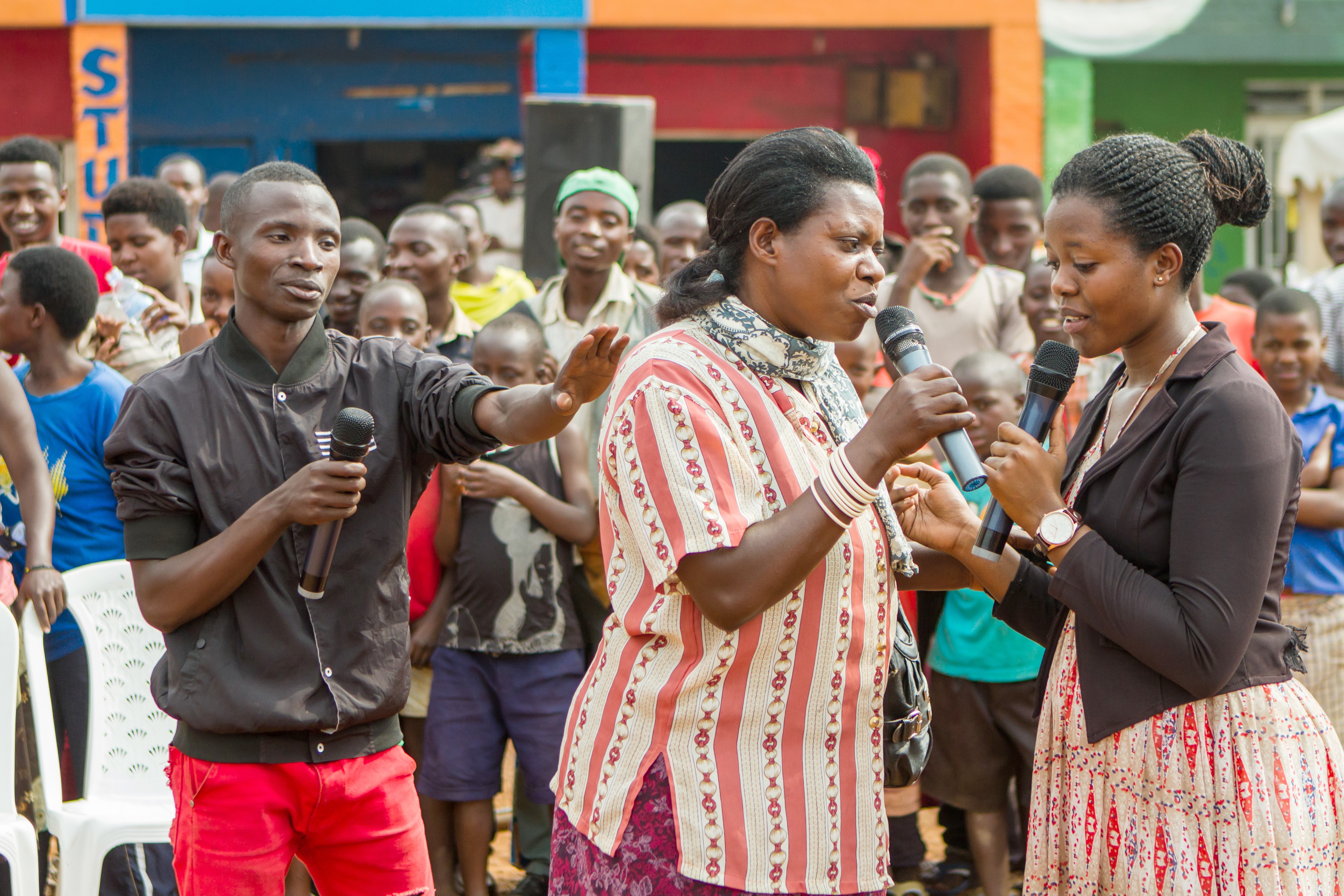 A male participant takes over the role of a female character at a performance in Kigali, Rwanda. ©Jean Bizimana/Changing Lives