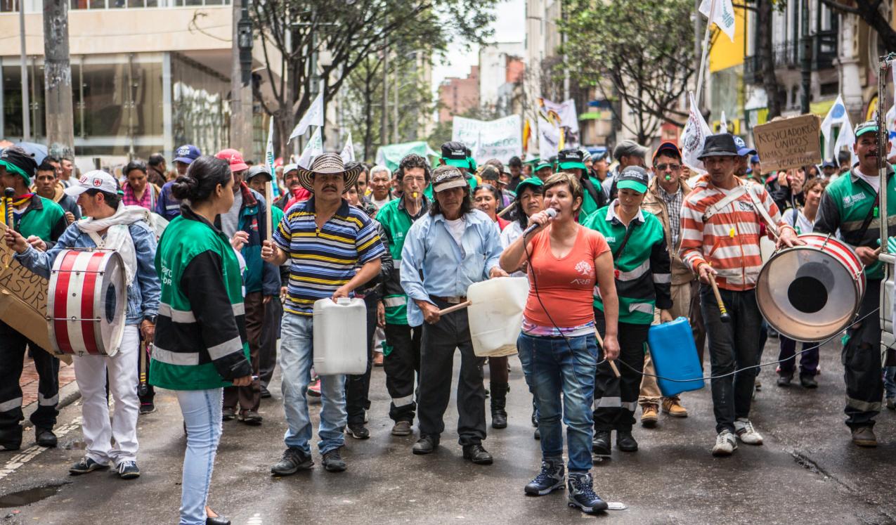 Nohra Padilla, leader of the Asociación de Recicladores de Bogotá (ARB) leads a contingent of waste pickers as they demonstrate against city policies and programmes affecting waste pickers. © Juan Arredondo/Getty Images/Images of Empowerment
