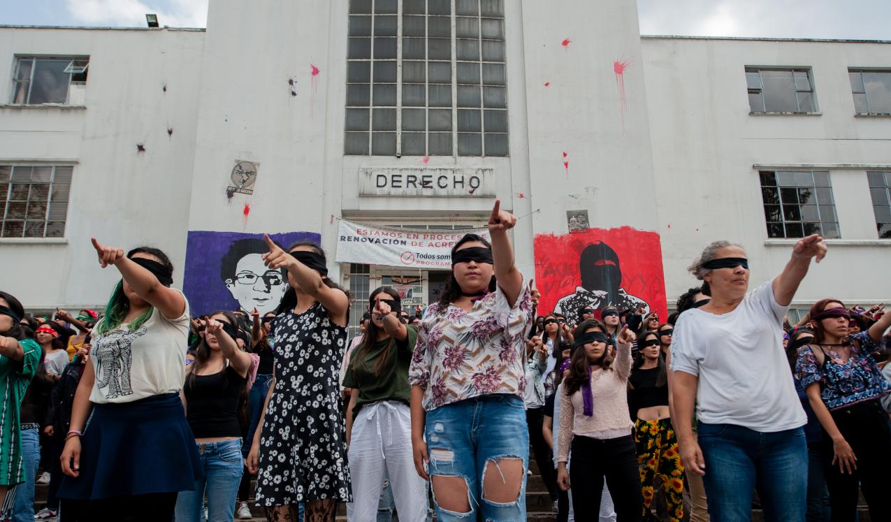 Feminist demonstrators in the National University of Colombia protesting about violence against women in 2019. © Sebastian Barros