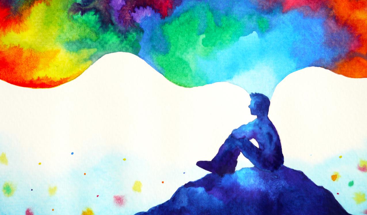 Colourful abstract art watercolor painting of a man sitting on the ground looking out at the horizon. © Benjavisa Ruangvaree Art | Shutterstock ID: 1416917957