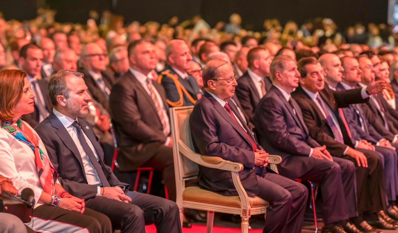 Former Lebanese President Michel Aoun and Foreign Minister Gebran Bassil with Chantal Aoun Bassil and former President Amine Gemayel. Beirut, Lebanon, June 2019  © paul saad | Shutterstock ID: 1811477956