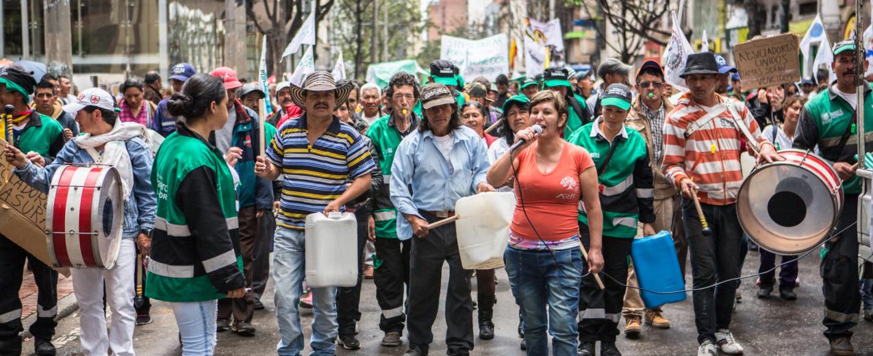 Nohra Padilla, leader of the Asociación de Recicladores de Bogotá (ARB) leads a contingent of waste pickers as they demonstrate against city policies and programmes affecting waste pickers. © Juan Arredondo/Getty Images/Images of Empowerment
