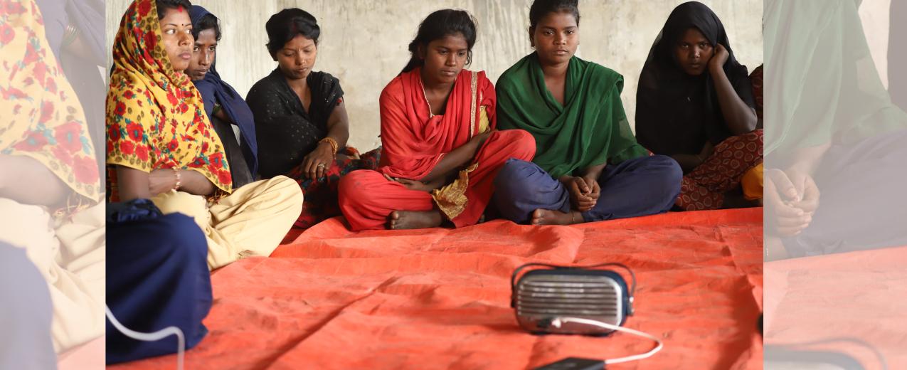 Girls in Eastern Terai, Nepal meet twice a week to listen PMC's 'Hilkor (Ripples in water)' Drama. The drama covers the story of child marriage and gender based violence. ©PMC