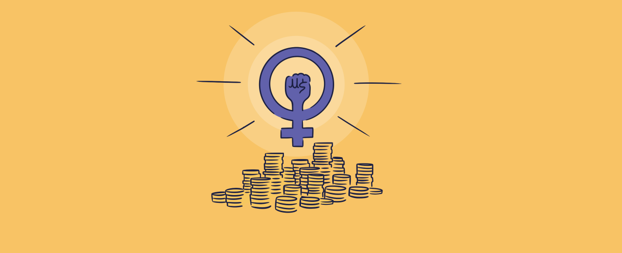 An illustration of cash with the feminist symbol above it © Design by Maia