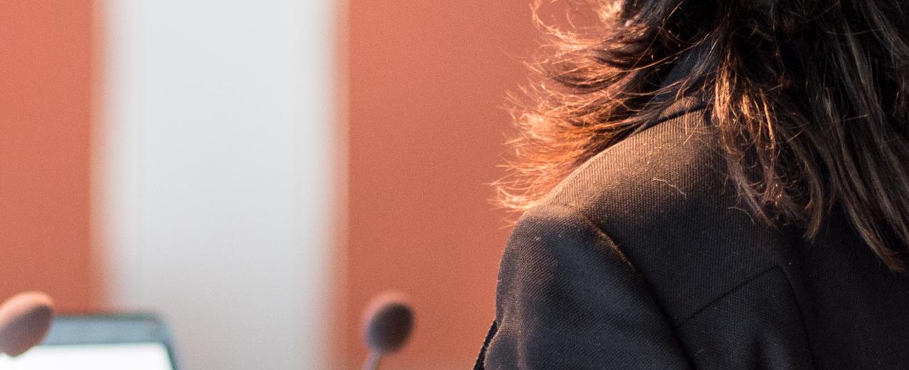 A female speaker at a political conference. © Matej Kastelic | Shutterstock ID: 1122952391