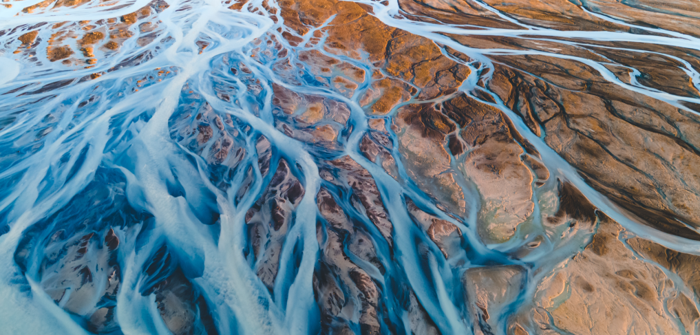 Aerial photograph of the river streams from Icelandic glaciers