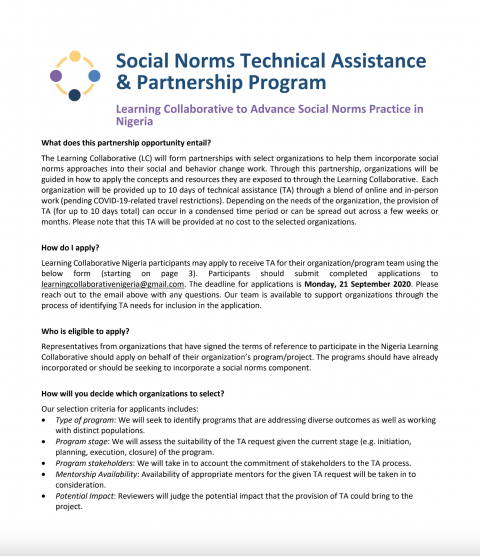 Application for the Social Norms Technical Assistance & Partnership Program 