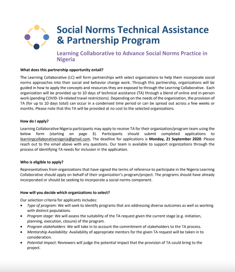 Application for the Social Norms Technical Assistance & Partnership Program 