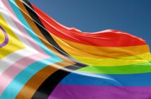 Close up image of the Progress Pride flag with intersex-inclusive design. © Svet foto | Shutterstock ID: 2270186289