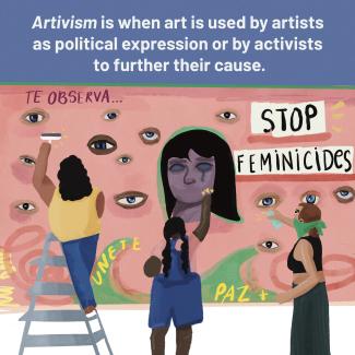 Illustration of artivisms painting a mural to 'Stop feminicides'