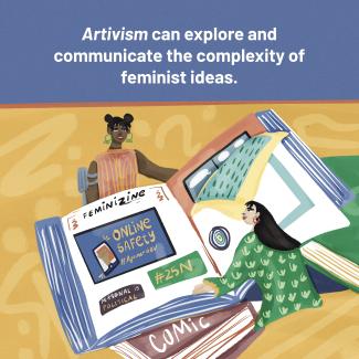 Illustration showing artivism as a tool for communicating the complexity of feminist ideas.