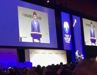 Canadian President Justin Trudeau making his announcement at the conference