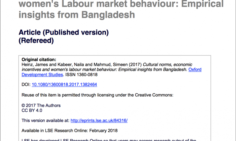 Cultural norms, economic incentives and women's labour market behaviour: Empirical insights from Bangladesh 
