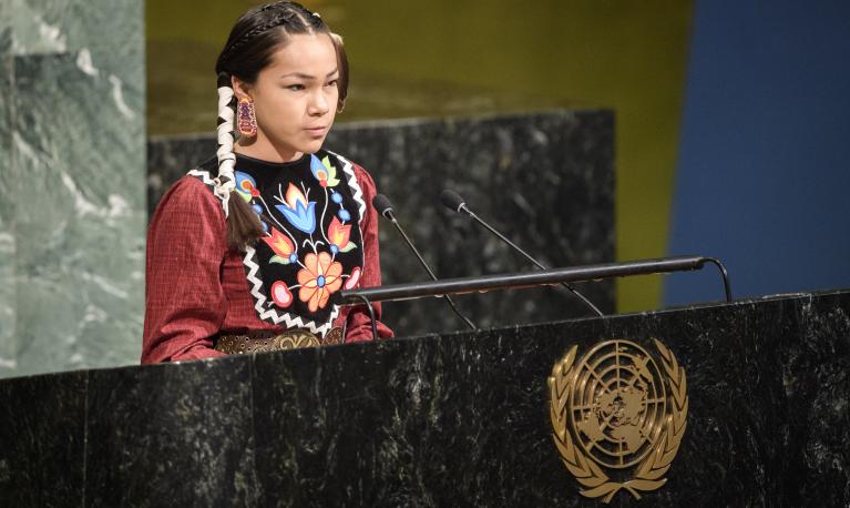 Autumn Peltier, 13-year-old water advocate from the Anishinaabe tribe of Canada, addresses the event to launch the International Decade for Action titled “Water for Sustainable Development 2018–2028”. ©UN Photo/Manuel Elias