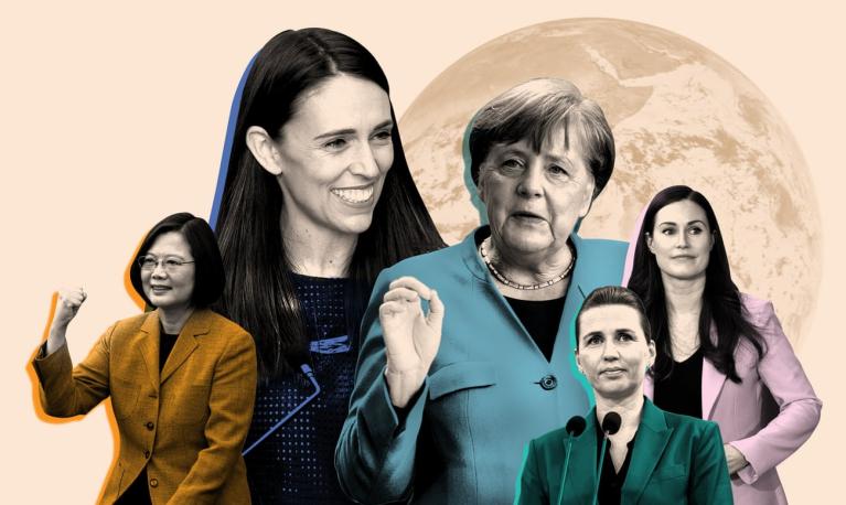 Female leaders around the globe, from left: Taiwan’s president, Tsai Ing-wen; New Zealand’s prime minister, Jacinda Ardern; the German chancellor, Angela Merkel; Denmark’s prime minister, Mette Frederiksen; and Sanna Marin, the Finnish prime minister . Composite: Reuters/Getty/Rex/Shutterstock