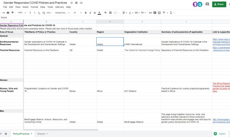 Snapshot of the spreadsheet