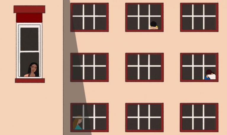Illustration of women in a block of flats. © Ojima Abalaka for Human Rights Watch