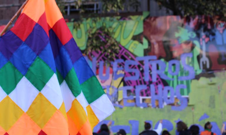 A Wiphala Andean Indigenous Flag at the International Women's Day march in Santiago de Chile, 8 March 2022. © Emilie Tant