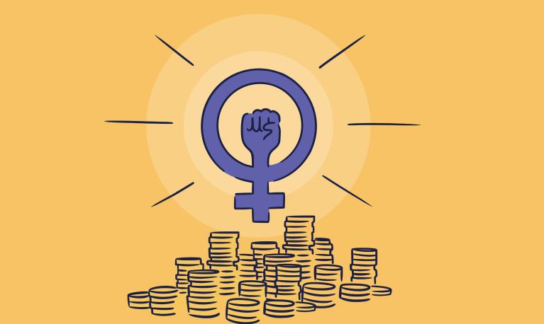 An illustration of cash with the feminist symbol above it © Design by Maia