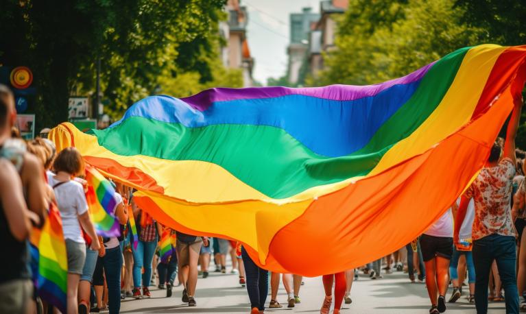 Rainbow flag at a Pride event © Adobe Stock