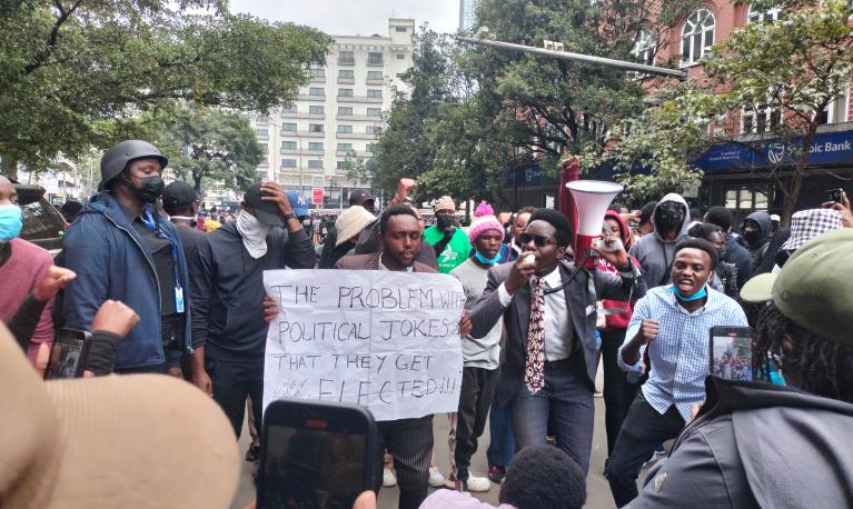 Protesters outside the Nation Centre on Kimathi Street in Nairobi, Kenya, June 2024. © Simon Libz | Shutterstock ID: 2478192113