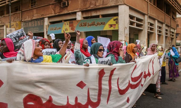 Women from diverse backgrounds and grassroots communities protest at an event organised by SIHA calling for democracy and women’s human rights, Khartoum, Sudan, 2019 Credit: Strategic Initiative for Women in the Horn of Africa (SIHA)/Ula Osman.