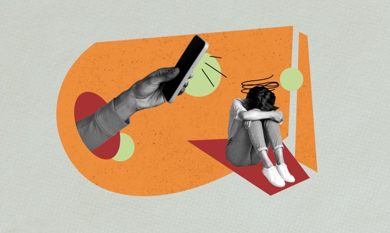 Composite photo collage of woman facing online abuse © Roman Samborskyi | Shutterstock ID: 2451261615
