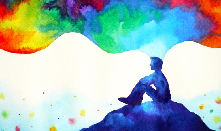 Colourful abstract art watercolor painting of a man sitting on the ground looking out at the horizon. © Benjavisa Ruangvaree Art | Shutterstock ID: 1416917957