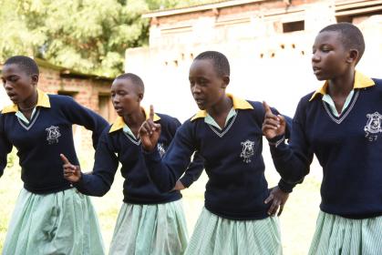 Pupils and members of the school club from St. Mary's primary school in Namalu, Nakapiripirit District, Uganda. The school clubs are supported by UNICEF with funding from Irish Aid.