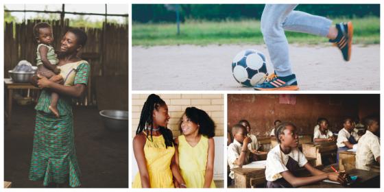 A collage of women doing sport, at school, with children, socialising