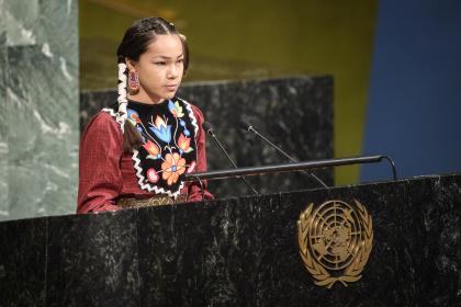 Autumn Peltier, 13-year-old water advocate from the Anishinaabe tribe of Canada, addresses the event to launch the International Decade for Action titled “Water for Sustainable Development 2018–2028”. ©UN Photo/Manuel Elias