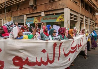 Women from diverse backgrounds and grassroots communities protest at an event organised by SIHA calling for democracy and women’s human rights, Khartoum, Sudan, 2019 Credit: Strategic Initiative for Women in the Horn of Africa (SIHA)/Ula Osman.