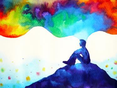 Colourful abstract art watercolor painting of a man sitting on the ground looking out at the horizon. © Benjavisa Ruangvaree Art | Shutterstock ID: 1416917957