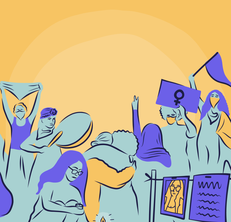 Yellow and purple illustration of feminist movement actions