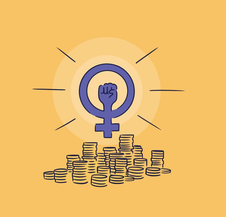 An illustration of cash with the feminist symbol above it © Design by Maia