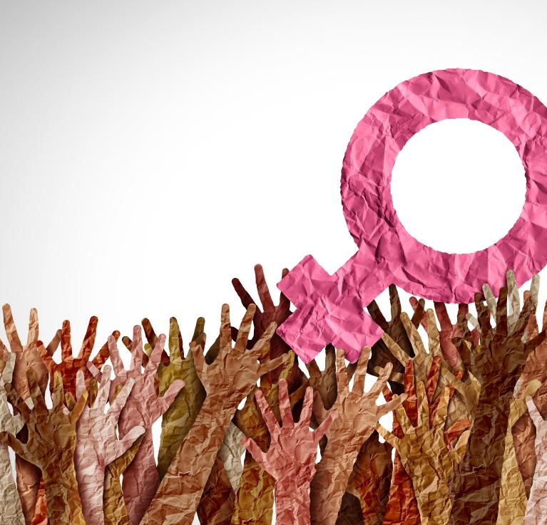 Artwork using tissue paper depicting many hands holding up the gender equality symbol. © Lightspring | Shutterstock ID: 2172065821