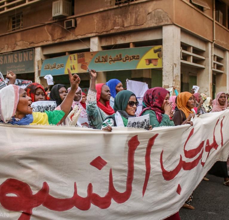 Women from diverse backgrounds and grassroots communities protest at an event organised by SIHA calling for democracy and women’s human rights, Khartoum, Sudan, 2019 Credit: Strategic Initiative for Women in the Horn of Africa (SIHA)/Ula Osman.