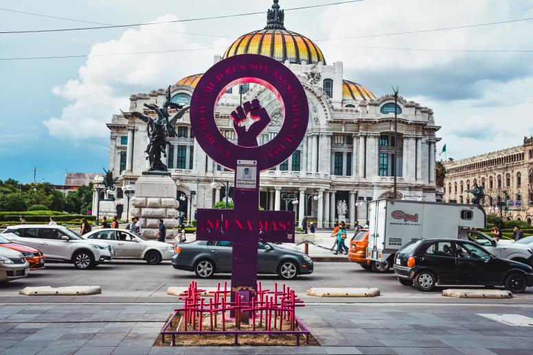An 'anti monument', inscribed with 'in Mexico 10 women are murdered a day', stands tall in front of the palace of fine arts in Mexico City, Mexico. July 28 2020: © Eve Orea / Shutterstock ID: 1821375992