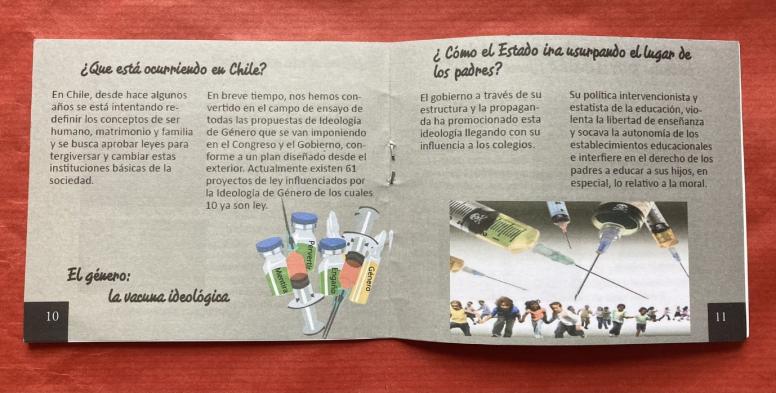 Excerpt from leaflet by an ‘anti-gender ideology’ campaign co-led by the Latin America-based organisation ‘Somos Millones’ and the Chilean ‘Defiendo Chile’. The image describes how ‘gender ideology’ is making its way to Chilean schools like an ‘ideological vaccine’ to indoctrinate children. © Tomás Ojeda