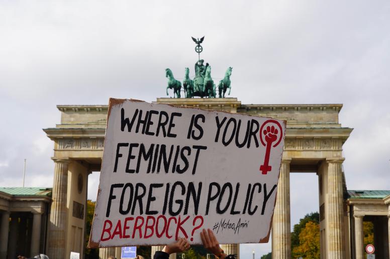 Placard asking 'Where is your feminist foreign policy?' at a rally in solidarity with the protests in Iran. Berlin, Germany on 28 September 2022. Credit: Achim Wagner / Shutterstock.com