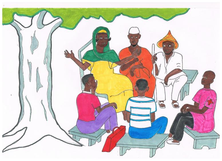 Example of a drawing showing a discussion led by a grandmother on male involvement in the community. © Grandmother project